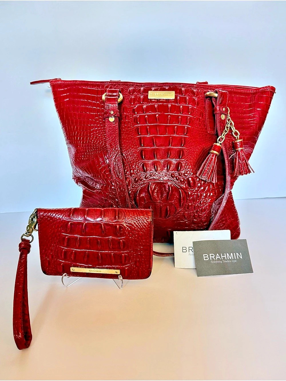 Brahmin Melbourne Tote and Wallet Set Red Crocodile-Embossed Tote
